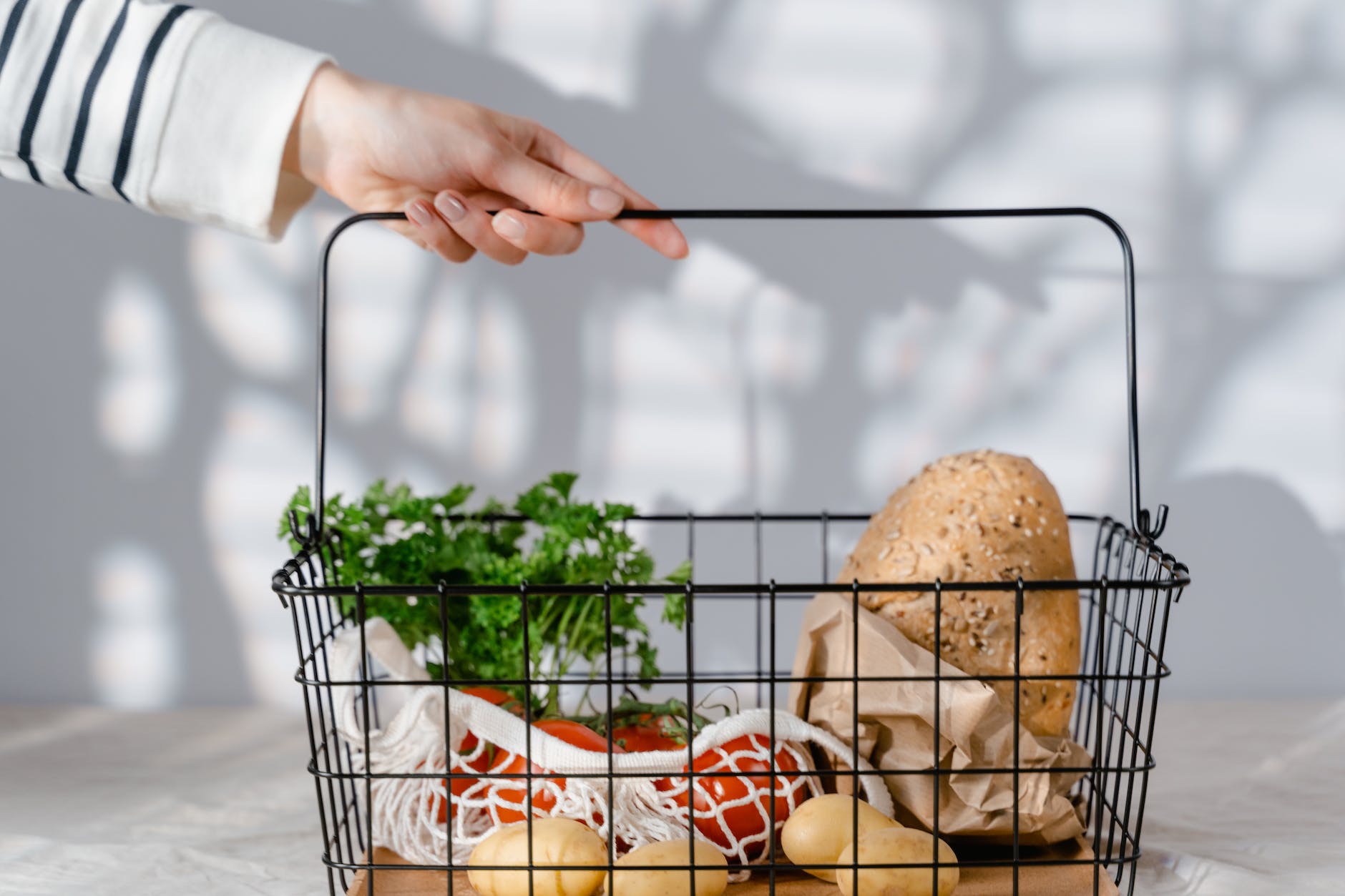 grocery items on metal basket