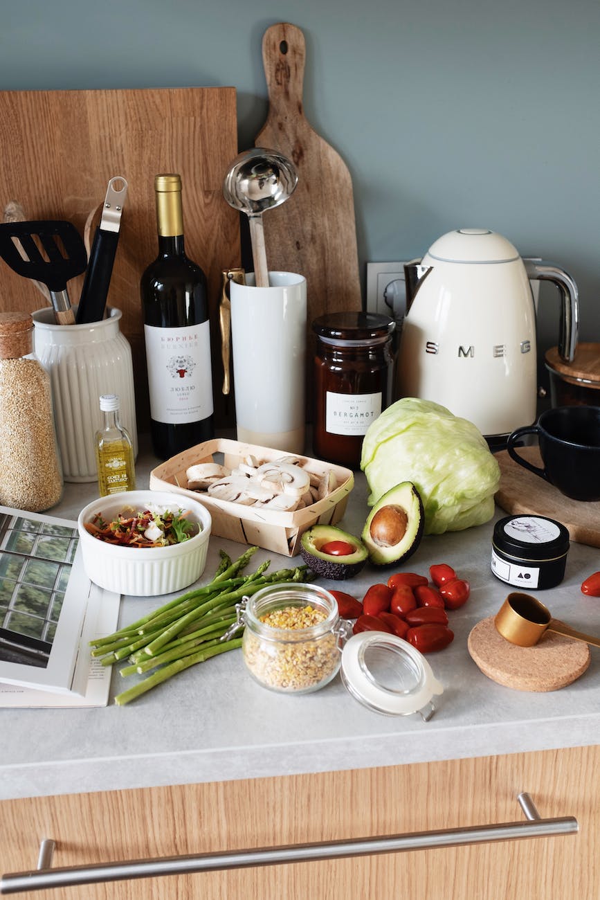 kitchen worktop with many ingredients for cooking