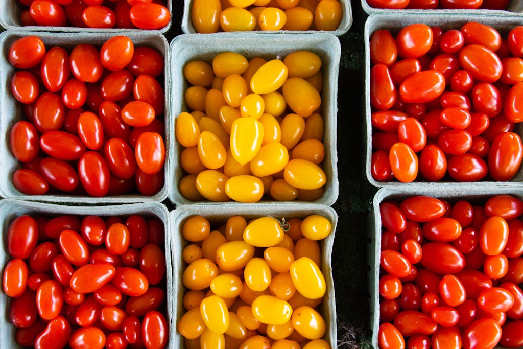 Top View of Yellow and Red Tomatoes in the Containers